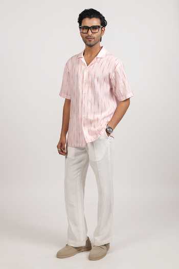 Shop Raw & Rustic By Niti Bothra Pink Linen, Tencel Ikat Pattern Cuban Collar Shirt Online at Aza Fashions Shop_Raw & Rustic By Niti Bothra_Pink Linen, Tencel Ikat Pattern Cuban Collar Shirt _Online_at_Aza_Fashions