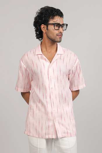 Raw & Rustic By Niti Bothra Pink Ikat Pattern Cuban Collar Shirt 