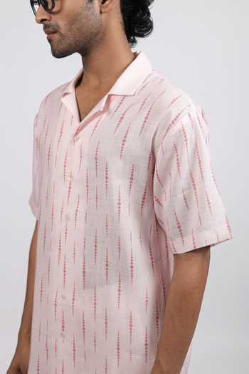 Raw & Rustic By Niti Bothra Pink Linen, Tencel Ikat Pattern Cuban Collar Shirt at Aza Fashions Raw & Rustic By Niti Bothra_Pink Linen, Tencel Ikat Pattern Cuban Collar Shirt _at_Aza_Fashions