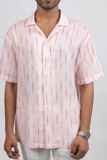 Buy Raw & Rustic By Niti Bothra Pink Linen, Tencel Ikat Pattern Cuban Collar Shirt Buy_Raw & Rustic By Niti Bothra_Pink Linen, Tencel Ikat Pattern Cuban Collar Shirt