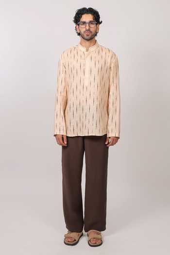 Shop Raw & Rustic By Niti Bothra Beige Linen, Tencel Ikat Pattern Shirt Kurta Online at Aza Fashions Shop_Raw & Rustic By Niti Bothra_Beige Linen, Tencel Ikat Pattern Shirt Kurta _Online_at_Aza_Fashions