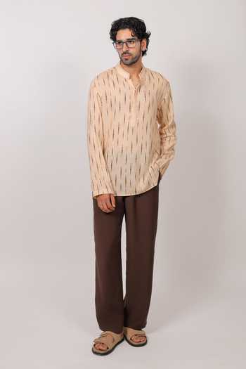 Raw & Rustic By Niti Bothra Beige Linen, Tencel Ikat Pattern Shirt Kurta at Aza Fashions Raw & Rustic By Niti Bothra_Beige Linen, Tencel Ikat Pattern Shirt Kurta _at_Aza_Fashions