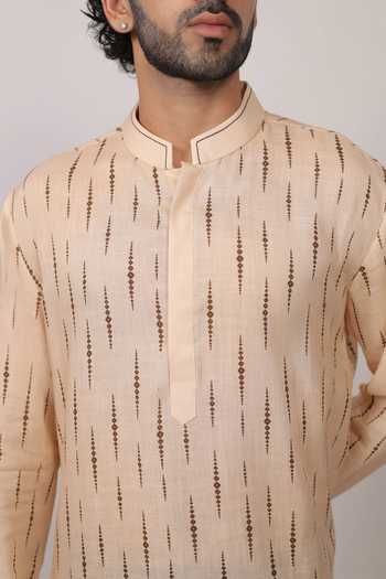 Buy Raw & Rustic By Niti Bothra Beige Linen, Tencel Ikat Pattern Shirt Kurta Buy_Raw & Rustic By Niti Bothra_Beige Linen, Tencel Ikat Pattern Shirt Kurta