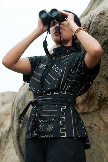 The Terra Tribe Black Cotton Shawl Neck Berlin Collar Mud Print Jacket Online at Aza Fashions The Terra Tribe_Black Cotton Shawl Neck Berlin Collar Mud Print Jacket _Online_at_Aza_Fashions