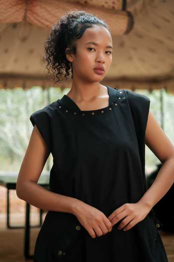 The Terra Tribe_Black Cotton Round Neck Nara Solid Gathered Dress _Online_at_Aza_Fashions