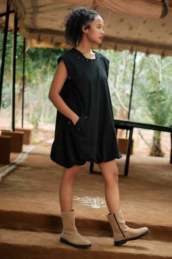 Buy_The Terra Tribe_Black Cotton Round Neck Nara Solid Gathered Dress _Online_at_Aza_Fashions