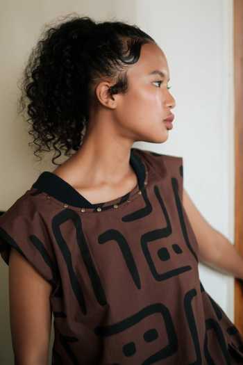 The Terra Tribe Brown Cotton Round Neck Nara Printed Gathered Dress Online at Aza Fashions The Terra Tribe_Brown Cotton Round Neck Nara Printed Gathered Dress _Online_at_Aza_Fashions