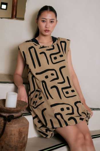 The Terra Tribe Beige Cotton Round Neck Nara Big Print Gathered Dress Online at Aza Fashions The Terra Tribe_Beige Cotton Round Neck Nara Big Print Gathered Dress _Online_at_Aza_Fashions