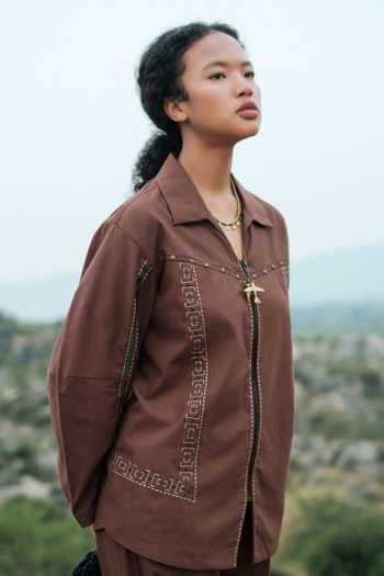 The Terra Tribe Brown Cotton Collared Neck Moroccan Tribal Embroidered Shirt Online at Aza Fashions The Terra Tribe_Brown Cotton Collared Neck Moroccan Tribal Embroidered Shirt _Online_at_Aza_Fashions