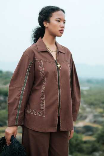Buy The Terra Tribe Brown Cotton Collared Neck Moroccan Tribal Embroidered Shirt Online at Aza Fashions Buy_The Terra Tribe_Brown Cotton Collared Neck Moroccan Tribal Embroidered Shirt _Online_at_Aza_Fashions