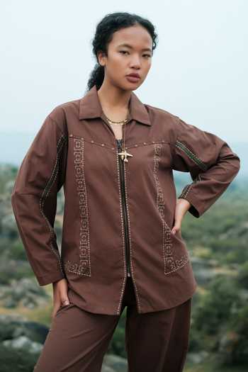 Shop The Terra Tribe Brown Cotton Collared Neck Moroccan Tribal Embroidered Shirt Online at Aza Fashions Shop_The Terra Tribe_Brown Cotton Collared Neck Moroccan Tribal Embroidered Shirt _Online_at_Aza_Fashions