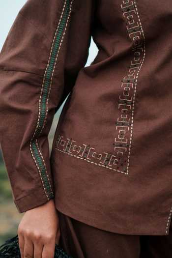 The Terra Tribe Brown Cotton Collared Neck Moroccan Tribal Embroidered Shirt at Aza Fashions The Terra Tribe_Brown Cotton Collared Neck Moroccan Tribal Embroidered Shirt _at_Aza_Fashions