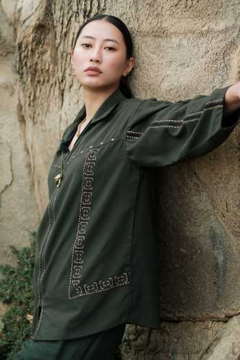 The Terra Tribe Green Cotton Collared Neck Moroccan Tribal Embroidered Shirt Online at Aza Fashions The Terra Tribe_Green Cotton Collared Neck Moroccan Tribal Embroidered Shirt _Online_at_Aza_Fashions