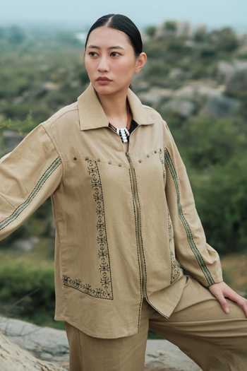 The Terra Tribe Beige Cotton Collared Neck Moroccan Tribal Embroidered Shirt Online at Aza Fashions The Terra Tribe_Beige Cotton Collared Neck Moroccan Tribal Embroidered Shirt _Online_at_Aza_Fashions