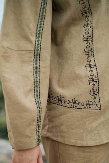 Shop The Terra Tribe Beige Cotton Collared Neck Moroccan Tribal Embroidered Shirt Online at Aza Fashions Shop_The Terra Tribe_Beige Cotton Collared Neck Moroccan Tribal Embroidered Shirt _Online_at_Aza_Fashions