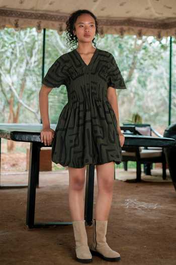 The Terra Tribe Olive Green Cotton V-neck Meknes Tribal Print Kimono Dress Online at Aza Fashions The Terra Tribe_Olive Green Cotton V-neck Meknes Tribal Print Kimono Dress _Online_at_Aza_Fashions