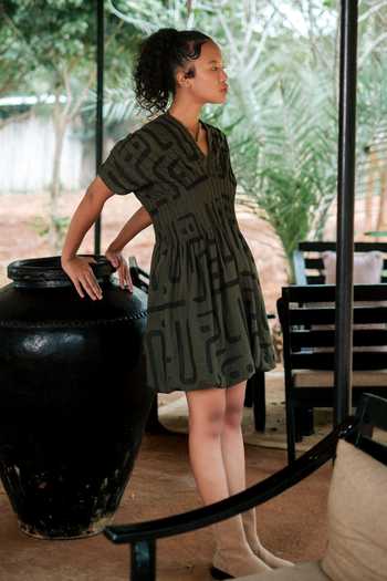Shop The Terra Tribe Olive Green Cotton V-neck Meknes Tribal Print Kimono Dress Online at Aza Fashions Shop_The Terra Tribe_Olive Green Cotton V-neck Meknes Tribal Print Kimono Dress _Online_at_Aza_Fashions