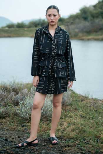 The Terra Tribe Black Cotton Open Neck Bodrum Mud Print Utility Jacket Dress Online at Aza Fashions The Terra Tribe_Black Cotton Open Neck Bodrum Mud Print Utility Jacket Dress _Online_at_Aza_Fashions