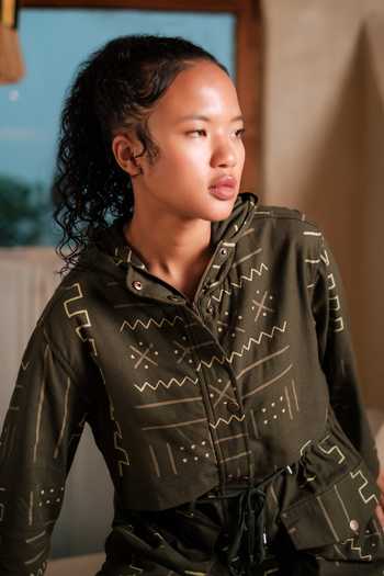 The Terra Tribe Green Cotton Open Neck Bodrum Mud Print Utility Jacket Dress Online at Aza Fashions The Terra Tribe_Green Cotton Open Neck Bodrum Mud Print Utility Jacket Dress _Online_at_Aza_Fashions