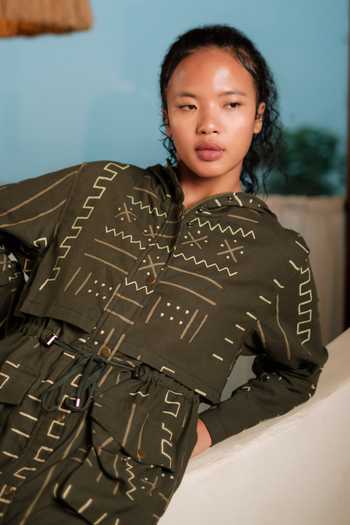 Buy The Terra Tribe Green Cotton Open Neck Bodrum Mud Print Utility Jacket Dress Online at Aza Fashions Buy_The Terra Tribe_Green Cotton Open Neck Bodrum Mud Print Utility Jacket Dress _Online_at_Aza_Fashions