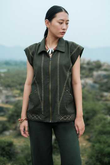 Shop The Terra Tribe Green Cotton Collared Neck Antalya Tribal Embroidered Shirt Jacket Online at Aza Fashions Shop_The Terra Tribe_Green Cotton Collared Neck Antalya Tribal Embroidered Shirt Jacket _Online_at_Aza_Fashions