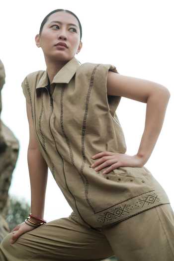 The Terra Tribe Beige Cotton Collared Neck Antalya Tribal Embroidered Shirt Jacket Online at Aza Fashions The Terra Tribe_Beige Cotton Collared Neck Antalya Tribal Embroidered Shirt Jacket _Online_at_Aza_Fashions