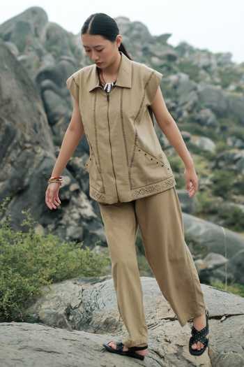 Shop The Terra Tribe Beige Cotton Collared Neck Antalya Tribal Embroidered Shirt Jacket Online at Aza Fashions Shop_The Terra Tribe_Beige Cotton Collared Neck Antalya Tribal Embroidered Shirt Jacket _Online_at_Aza_Fashions