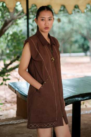 Buy The Terra Tribe Brown Cotton Collared Neck Antalya Tribal Embroidered Dress Online at Aza Fashions Buy_The Terra Tribe_Brown Cotton Collared Neck Antalya Tribal Embroidered Dress _Online_at_Aza_Fashions