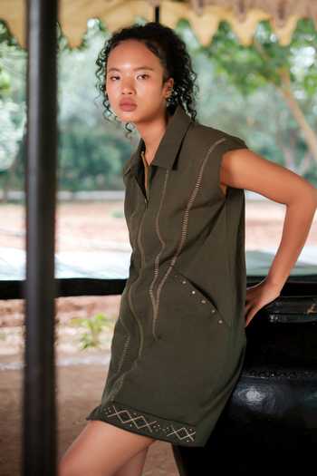 The Terra Tribe Green Cotton Collared Neck Antalya Tribal Embroidered Dress Online at Aza Fashions The Terra Tribe_Green Cotton Collared Neck Antalya Tribal Embroidered Dress _Online_at_Aza_Fashions