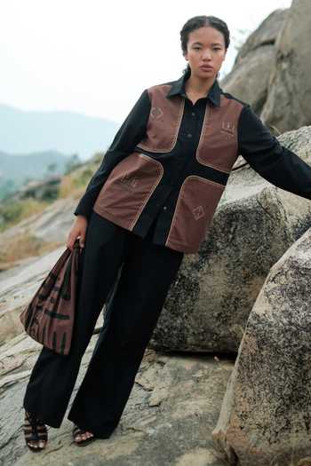 The Terra Tribe Black Cotton Collared Neck Canyon Tribal Four Patch Shirt Online at Aza Fashions The Terra Tribe_Black Cotton Collared Neck Canyon Tribal Four Patch Shirt _Online_at_Aza_Fashions