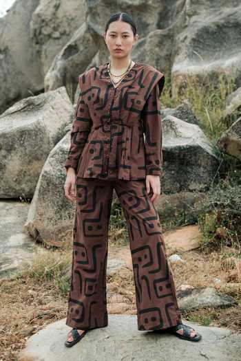 The Terra Tribe Brown Cotton V-neck Izu Tribal Print Peplum Top Online at Aza Fashions The Terra Tribe_Brown Cotton V-neck Izu Tribal Print Peplum Top _Online_at_Aza_Fashions
