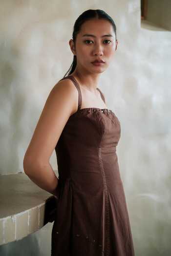 The Terra Tribe Brown Cotton Square Neck Kaza Corseted Slip Dress Online at Aza Fashions The Terra Tribe_Brown Cotton Square Neck Kaza Corseted Slip Dress _Online_at_Aza_Fashions