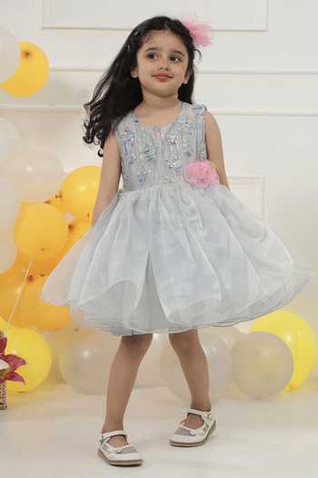 Shop Little Bansi Grey Georgette Floral Sequin Frock Dress Online at Aza Fashions Shop_Little Bansi_Grey Georgette Floral Sequin Frock Dress _Online_at_Aza_Fashions