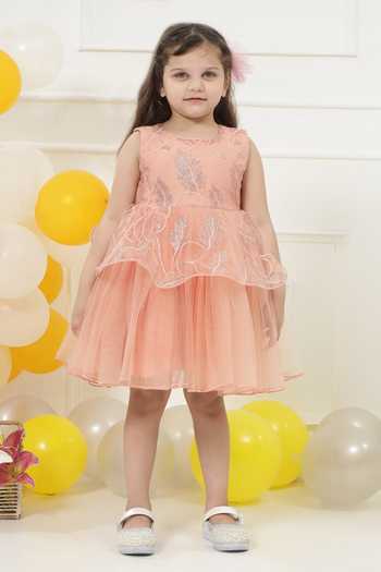 Little Bansi_Peach Net Petal Sequin Work Frock Dress _Online_at_Aza_Fashions