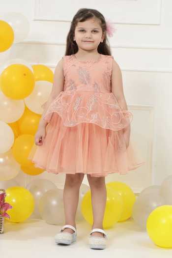 Buy_Little Bansi_Peach Net Petal Sequin Work Frock Dress _Online_at_Aza_Fashions