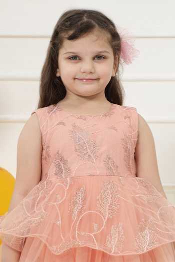 Shop_Little Bansi_Peach Net Petal Sequin Work Frock Dress _Online_at_Aza_Fashions