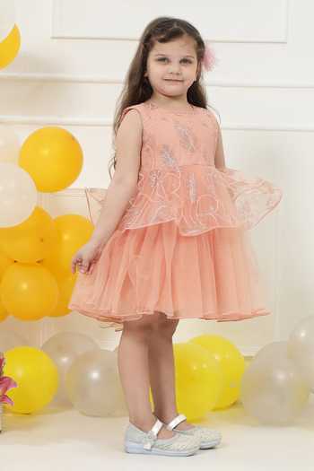 Little Bansi_Peach Net Petal Sequin Work Frock Dress _at_Aza_Fashions