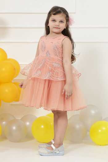Buy_Little Bansi_Peach Net Petal Sequin Work Frock Dress 