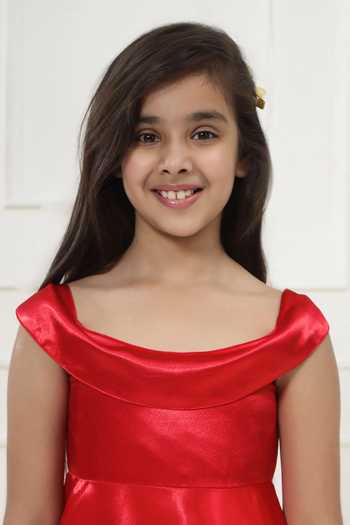 Shop Little Bansi Red Satin Off Shoulder Frock Dress Online at Aza Fashions Shop_Little Bansi_Red Satin Off Shoulder Frock Dress _Online_at_Aza_Fashions