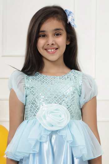 Little Bansi_Blue Satin Sequin Embroidered Frock Dress _Online_at_Aza_Fashions