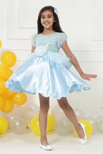 Shop_Little Bansi_Blue Satin Sequin Embroidered Frock Dress _Online_at_Aza_Fashions