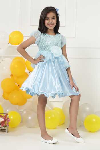 Little Bansi_Blue Satin Sequin Embroidered Frock Dress _at_Aza_Fashions