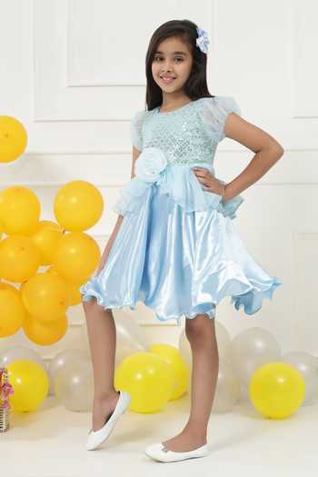 Buy_Little Bansi_Blue Satin Sequin Embroidered Frock Dress 