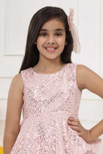 Little Bansi_Pink Satin Sequin Embroidered Layered Frock Dress _Online_at_Aza_Fashions