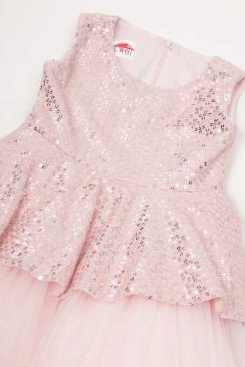 Buy_Little Bansi_Pink Satin Sequin Embroidered Layered Frock Dress _Online_at_Aza_Fashions