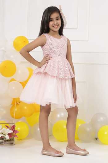 Shop_Little Bansi_Pink Satin Sequin Embroidered Layered Frock Dress _Online_at_Aza_Fashions