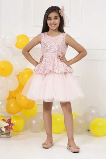 Little Bansi_Pink Satin Sequin Embroidered Layered Frock Dress _at_Aza_Fashions