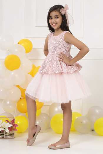 Buy_Little Bansi_Pink Satin Sequin Embroidered Layered Frock Dress 