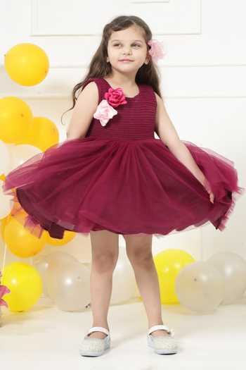 Little Bansi_Wine Net Pleated Work Frock Dress _Online_at_Aza_Fashions