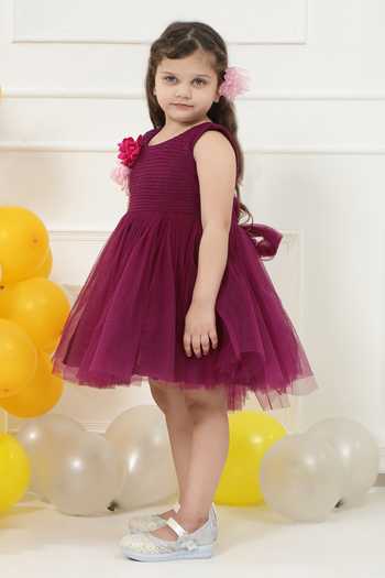 Buy_Little Bansi_Wine Net Pleated Work Frock Dress _Online_at_Aza_Fashions